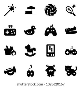 Solid vector icon set - Magic wand vector, inflatable pool, volleyball, badminton, joystick wireless, duck toy, crocodile, shovel bucket, rocking horse, game console, gamepad, horn, yoyo, monster