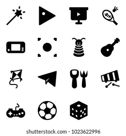 Solid vector icon set - Magic wand vector, play, presentation board, badminton, game console, record button, pyramid toy, guitar, kite, paper plane, shovel fork, xylophone, gamepad, soccer ball