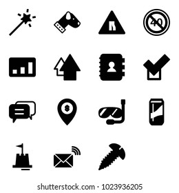 Solid vector icon set - Magic wand vector, dog, Road narrows sign, end minimal speed limit, statistics, arrow up, contact book, check, dialog, atm map pin, diving, drink, sand castle, wireless mail