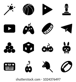 Solid vector icon set - Magic wand vector, basketball ball, play, pawn, playback, joystick, tambourine, paper plane, billiards balls, cube toy, gamepad, rabbit, piano, yoyo, unicorn stick, football