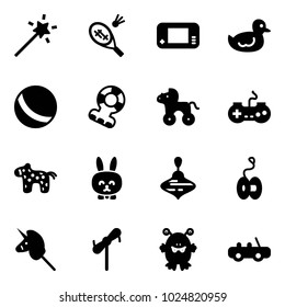 Solid vector icon set - Magic wand vector, badminton, game console, duck toy, ball, teethers, wheel horse, gamepad, rabbit, wirligig, yoyo, unicorn stick, windmill, monster, car