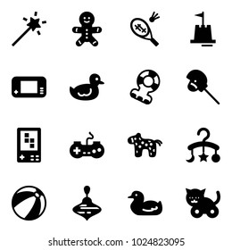 Solid vector icon set - Magic wand vector, cake man, badminton, sand castle, game console, duck toy, teethers, horse stick, gamepad, baby carousel, beach ball, wirligig, cat