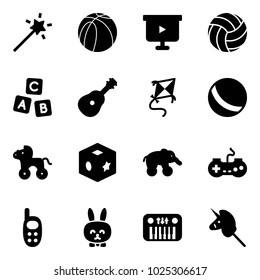 Solid vector icon set - Magic wand vector, basketball ball, presentation board, volleyball, abc cube, guitar, kite, wheel horse, toy, elephant, gamepad, phone, rabbit, piano, unicorn stick