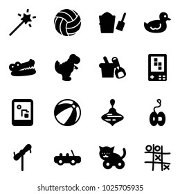 Solid vector icon set - Magic wand vector, volleyball, bucket scoop, duck toy, crocodile, dinosaur, shovel, game console, beach ball, wirligig, yoyo, windmill, car, cat, Tic tac toe