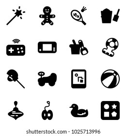 Solid vector icon set - Magic wand vector, cake man, badminton, bucket scoop, joystick wireless, game console, shovel, teethers, horse stick toy, baby car, beach ball, wirligig, yoyo, duck