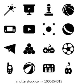 Solid vector icon set - Magic wand vector, presentation board, pawn, ball, game console, playback, record button, paper plane, billiards balls, gamepad, soccer, phone toy, beach, piano, yoyo