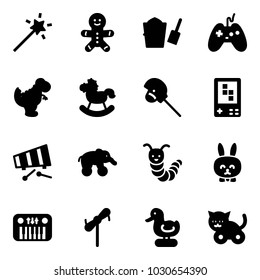 Solid vector icon set - Magic wand vector, cake man, bucket scoop, joystick, dinosaur toy, rocking horse, stick, game console, xylophone, elephant wheel, caterpillar, rabbit, piano, windmill, duck