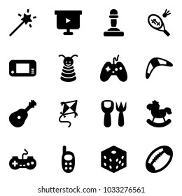 Solid vector icon set - Magic wand vector, presentation board, pawn, badminton, game console, pyramid toy, joystick, boomerang, guitar, kite, shovel fork, rocking horse, gamepad, phone, bones