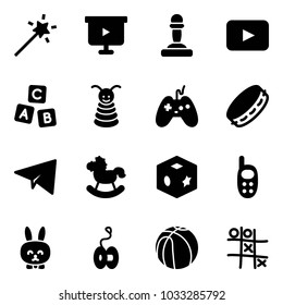 Solid vector icon set - Magic wand vector, presentation board, pawn, playback, abc cube, pyramid toy, joystick, tambourine, paper plane, rocking horse, phone, rabbit, yoyo, basketball, Tic tac toe