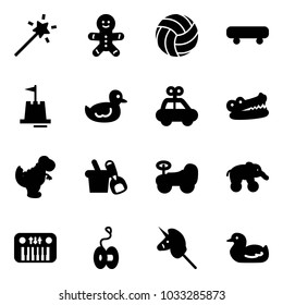 Solid vector icon set - Magic wand vector, cake man, volleyball, skateboard, sand castle, duck toy, car, crocodile, dinosaur, shovel bucket, baby, elephant wheel, piano, yoyo, unicorn stick