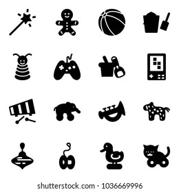 Solid vector icon set - Magic wand vector, cake man, ball, bucket scoop, pyramid toy, joystick, shovel, game console, xylophone, elephant wheel, horn, horse, wirligig, yoyo, duck, cat