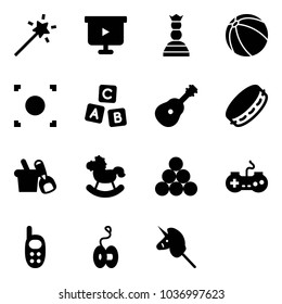 Solid vector icon set - Magic wand vector, presentation board, chess queen, ball, record button, abc cube, guitar, tambourine, shovel bucket, rocking horse, billiards balls, gamepad, phone toy, yoyo