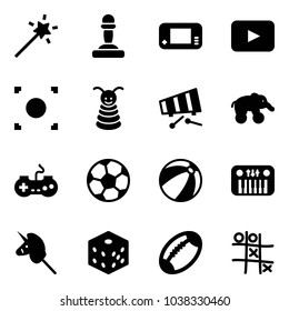 Solid vector icon set - Magic wand vector, pawn, game console, playback, record button, pyramid toy, xylophone, elephant wheel, gamepad, soccer ball, beach, piano, unicorn stick, bones, football