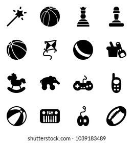 Solid vector icon set - Magic wand vector, basketball ball, chess queen, pawn, kite, shovel bucket, rocking horse, elephant wheel, gamepad, phone toy, beach, piano, yoyo, football