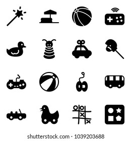 Solid vector icon set - Magic wand vector, inflatable pool, ball, joystick wireless, duck toy, pyramid, car, horse stick, gamepad, beach, yoyo, bus, Tic tac toe, cube hole