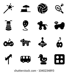 Solid vector icon set - Magic wand vector, inflatable pool, volleyball, badminton, pyramid toy, balloon smile, wheel horse, baby car, gamepad, wirligig, yoyo, windmill, bus, duck, cube hole