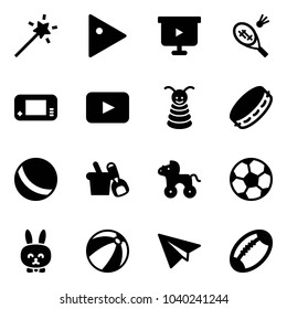 Solid vector icon set - Magic wand vector, play, presentation board, badminton, game console, playback, pyramid toy, tambourine, ball, shovel bucket, wheel horse, soccer, rabbit, beach, paper plane