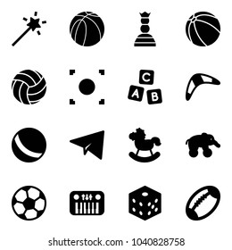 Solid vector icon set - Magic wand vector, basketball ball, chess queen, volleyball, record button, abc cube, boomerang, paper plane, rocking horse, elephant wheel, soccer, toy piano, bones