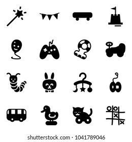 Solid vector icon set - Magic wand vector, flag garland, skateboard, sand castle, balloon smile, joystick, teethers, baby car, toy caterpillar, rabbit, carousel, yoyo, bus, duck, cat, Tic tac toe