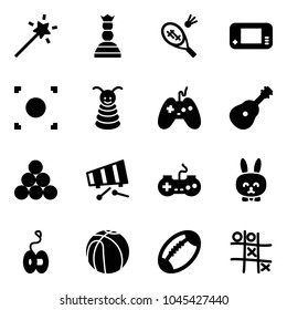 Solid vector icon set - Magic wand vector, chess queen, badminton, game console, record button, pyramid toy, joystick, guitar, billiards balls, xylophone, gamepad, rabbit, yoyo, basketball, football