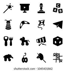 Solid vector icon set - Magic wand vector, presentation board, pawn, abc cube, pyramid toy, boomerang, kite, paper plane, shovel fork, wheel horse, xylophone, elephant, yoyo, unicorn stick