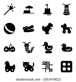 Solid vector icon set - Magic wand vector, inflatable pool, sand castle, pyramid toy, ball, crocodile, dinosaur, wheel horse, gamepad, caterpillar, duck, cat, Tic tac toe, cube hole