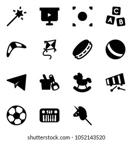 Solid vector icon set - Magic wand vector, presentation board, record button, abc cube, boomerang, kite, tambourine, ball, paper plane, shovel bucket, rocking horse, xylophone, soccer, toy piano