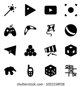 Solid vector icon set - Magic wand vector, play, playback, record button, joystick, boomerang, kite, ball, paper plane, billiards balls, xylophone, cube toy, elephant wheel, phone, bones