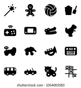 Solid vector icon set - Magic wand vector, cake man, volleyball, bucket scoop, joystick wireless, game console, crocodile, dinosaur toy, baby car, elephant wheel, horn, piano, bus, cat, Tic tac toe