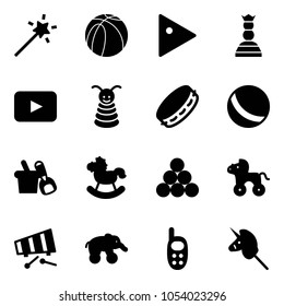 Solid vector icon set - Magic wand vector, basketball ball, play, chess queen, playback, pyramid toy, tambourine, shovel bucket, rocking horse, billiards balls, wheel, xylophone, elephant, phone