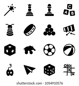 Solid vector icon set - Magic wand vector, chess queen, pawn, abc cube, pyramid toy, tambourine, billiards balls, xylophone, elephant wheel, soccer ball, beach, yoyo, paper plane, bones, Tic tac toe