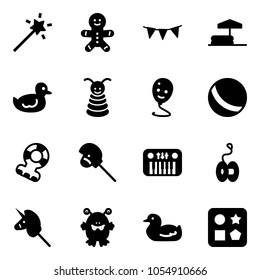 Solid vector icon set - Magic wand vector, cake man, flag garland, inflatable pool, duck toy, pyramid, balloon smile, ball, teethers, horse stick, piano, yoyo, unicorn, monster, cube hole