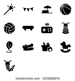 Solid vector icon set - Magic wand vector, flag garland, inflatable pool, ball, volleyball, skateboard, joystick wireless, pyramid toy, balloon smile, crocodile, shovel bucket, rocking horse