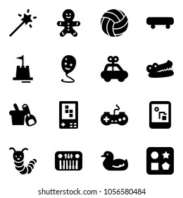 Solid vector icon set - Magic wand vector, cake man, volleyball, skateboard, sand castle, balloon smile, car toy, crocodile, shovel bucket, game console, gamepad, caterpillar, piano, duck, cube hole