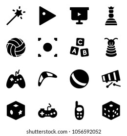 Solid vector icon set - Magic wand vector, play, presentation board, chess queen, volleyball, record button, abc cube, pyramid toy, joystick, boomerang, ball, xylophone, gamepad, phone, bones
