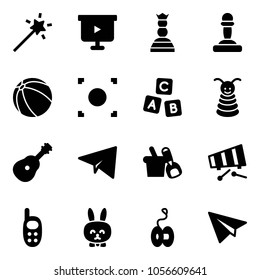 Solid vector icon set - Magic wand vector, presentation board, chess queen, pawn, ball, record button, abc cube, pyramid toy, guitar, paper plane, shovel bucket, xylophone, phone, rabbit, yoyo