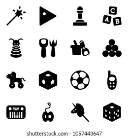 Solid vector icon set - Magic wand vector, play, pawn, abc cube, pyramid toy, shovel fork, bucket, billiards balls, wheel horse, soccer ball, phone, piano, yoyo, unicorn stick, bones