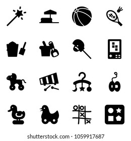 Solid vector icon set - Magic wand vector, inflatable pool, ball, badminton, bucket scoop, shovel, horse stick toy, game console, wheel, xylophone, baby carousel, yoyo, duck, Tic tac toe, cube hole