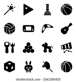 Solid vector icon set - Magic wand vector, play, chess queen, ball, volleyball, game console, boomerang, guitar, shovel fork toy, billiards balls, wheel horse, xylophone, cube, rabbit, unicorn stick