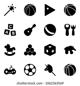 Solid vector icon set - Magic wand vector, basketball ball, play, abc cube, guitar, shovel fork toy, rocking horse, billiards balls, elephant wheel, gamepad, soccer, unicorn stick