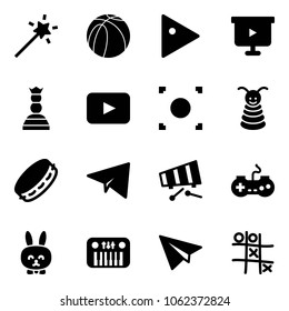 Solid vector icon set - Magic wand vector, basketball ball, play, presentation board, chess queen, playback, record button, pyramid toy, tambourine, paper plane, xylophone, gamepad, rabbit, piano