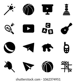 Solid vector icon set - Magic wand vector, basketball ball, presentation board, chess queen, badminton, playback, abc cube, guitar, paper plane, elephant wheel, phone toy, unicorn stick, Tic tac toe