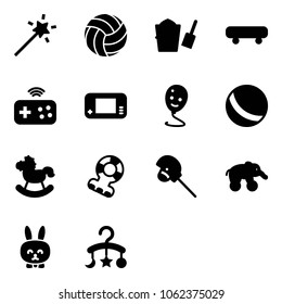 Solid vector icon set - Magic wand vector, volleyball, bucket scoop, skateboard, joystick wireless, game console, balloon smile, ball, rocking horse, teethers, stick toy, elephant wheel, rabbit
