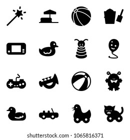Solid vector icon set - Magic wand vector, inflatable pool, ball, bucket scoop, game console, duck toy, pyramid, balloon smile, gamepad, horn, beach, monster, car, cat