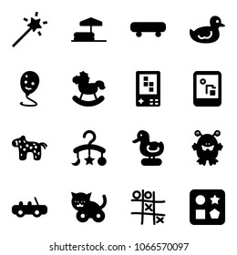 Solid vector icon set - Magic wand vector, inflatable pool, skateboard, duck toy, balloon smile, rocking horse, game console, baby carousel, monster, car, cat, Tic tac toe, cube hole