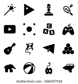 Solid vector icon set - Magic wand vector, play, pawn, badminton, playback, record button, abc cube, joystick, guitar, kite, paper plane, billiards balls, elephant wheel, beach ball, yoyo, water gun