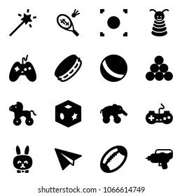Solid vector icon set - Magic wand vector, badminton, record button, pyramid toy, joystick, tambourine, ball, billiards balls, wheel horse, cube, elephant, gamepad, rabbit, paper plane, football