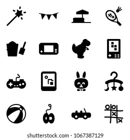 Solid vector icon set - Magic wand vector, flag garland, inflatable pool, badminton, bucket scoop, game console, dinosaur toy, gamepad, rabbit, baby carousel, beach ball, yoyo, car, Tic tac toe
