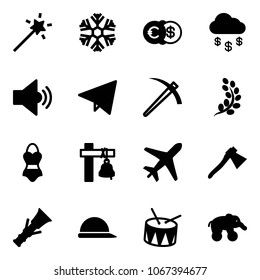Solid vector icon set - Magic wand vector, snowflake, euro dollar, money rain, volume medium, paper fly, job, golden branch, swimsuit, ship bell, plane, axe, dowel, construction helmet, drum