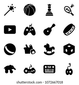 Solid vector icon set - Magic wand vector, basketball ball, chess queen, badminton, playback, joystick, guitar, tambourine, shovel bucket, rocking horse, cube toy, elephant wheel, gamepad, piano